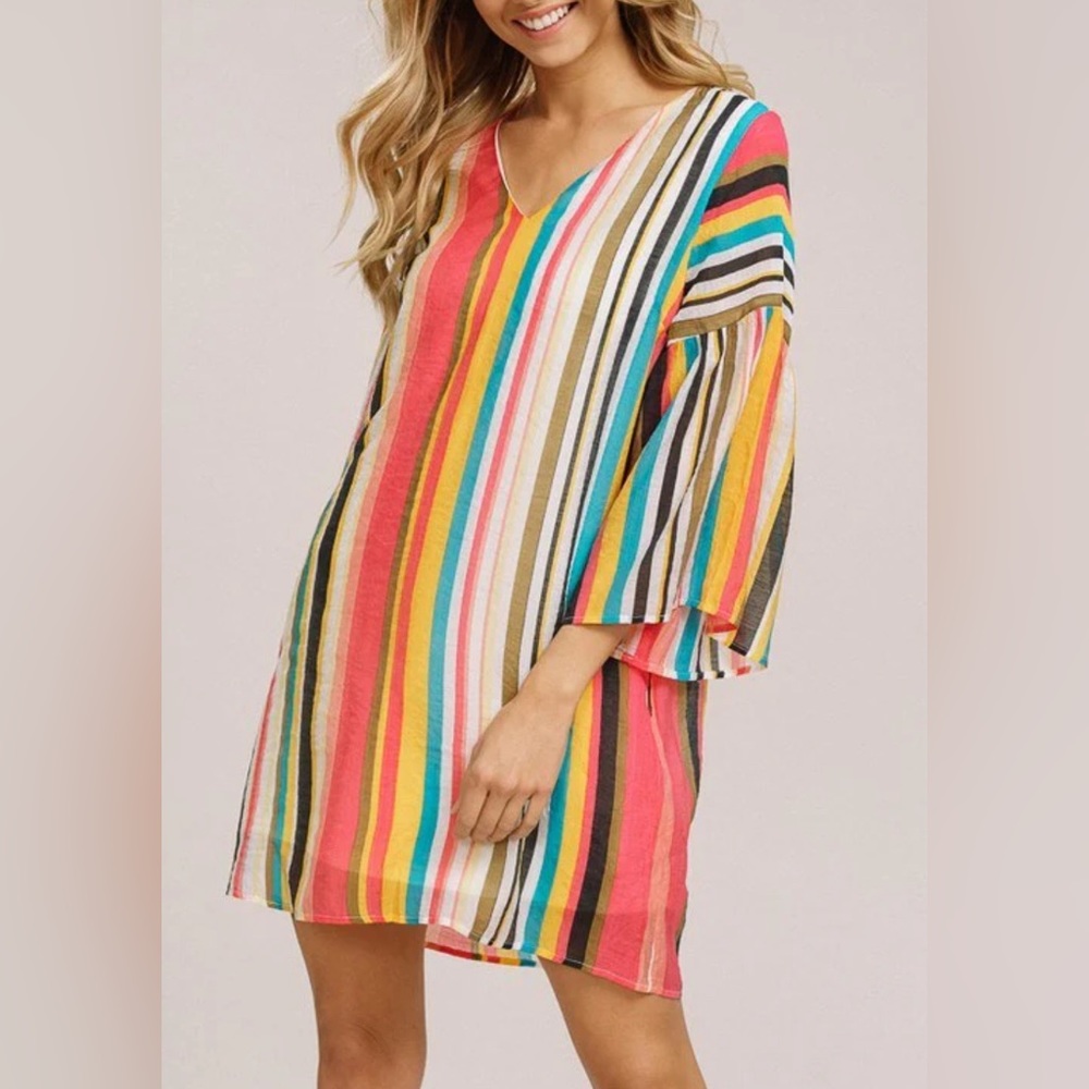 Listickle Women’s Multicolor Short Striped Bell Sleeves Lined Dress size medium